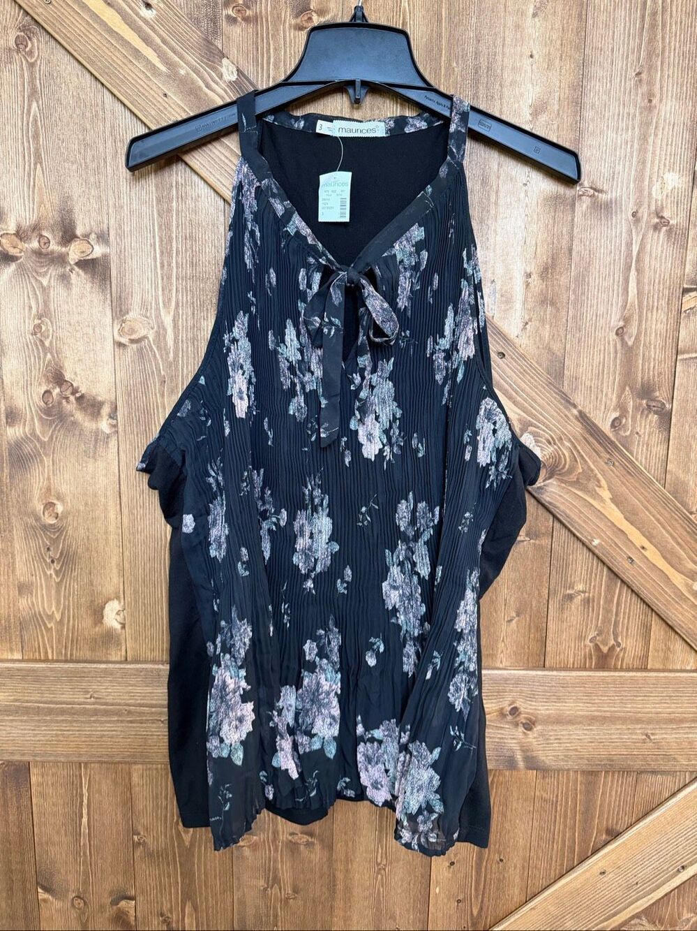 Maurices Plus Black Floral Cold Shoulder Pleated Tie Neck Blouse NWT Size 3XL(92